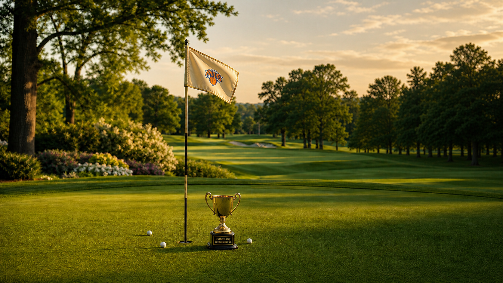 Sunlit golf course green with a tournament flag
